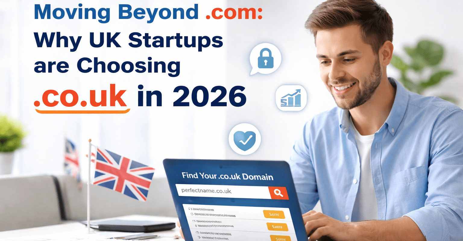 UK startup founder searching for a premium .co.uk domain name on a laptop in 2026, representing local trust and modern branding
