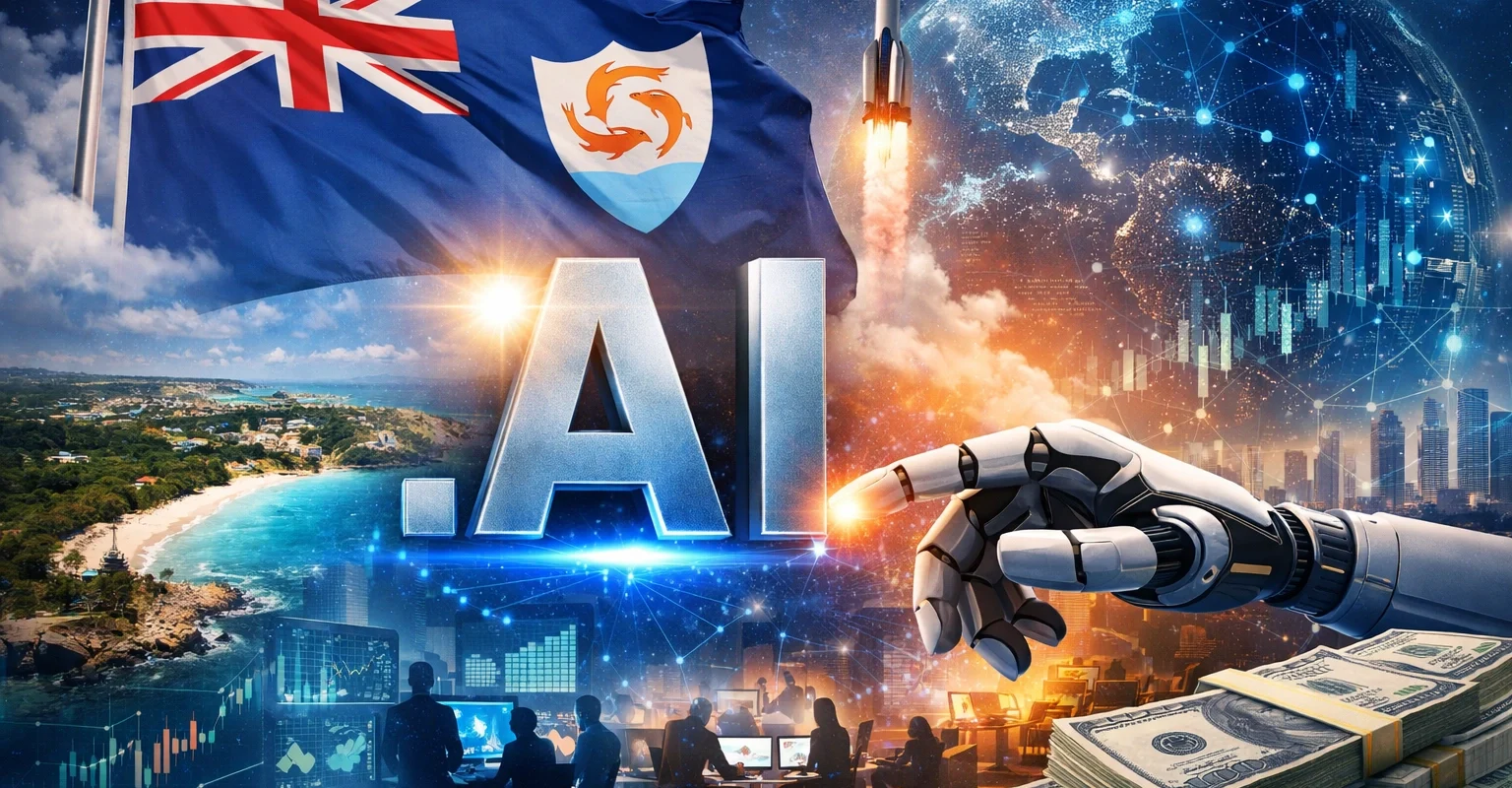 .AI domain illustration showing Anguilla flag, artificial intelligence technology elements and global startup ecosystem representing the growth of the .AI extension