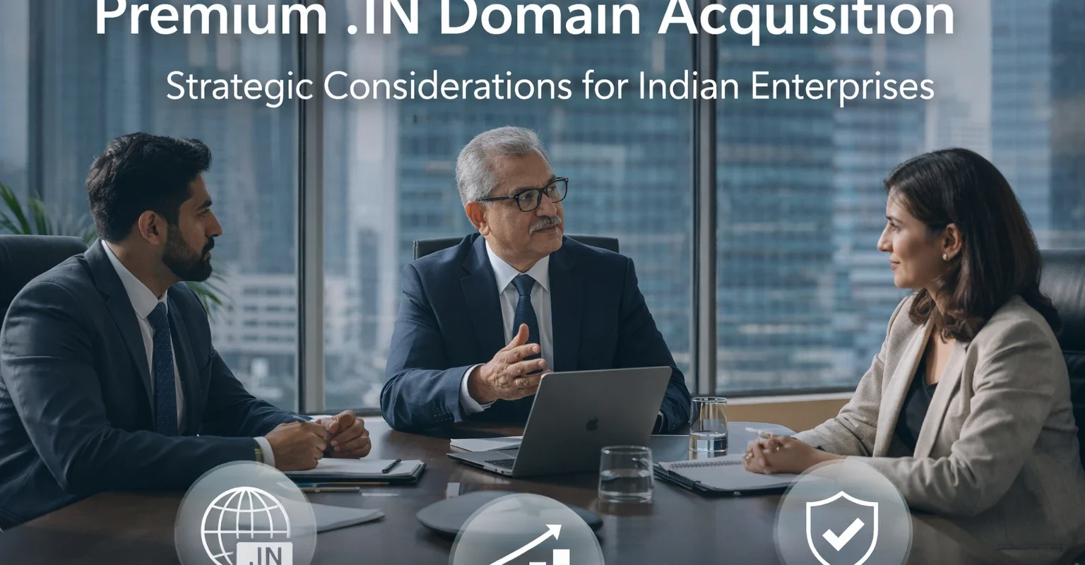 Premium .IN domain acquisition strategy discussed by senior executives in a boardroom setting focusing on brand value, security, and digital asset positioning in India