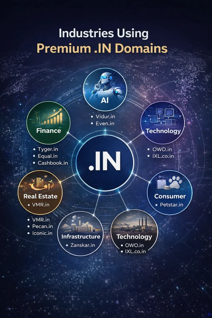Industries using premium IN domains including finance AI real estate consumer infrastructure and technology